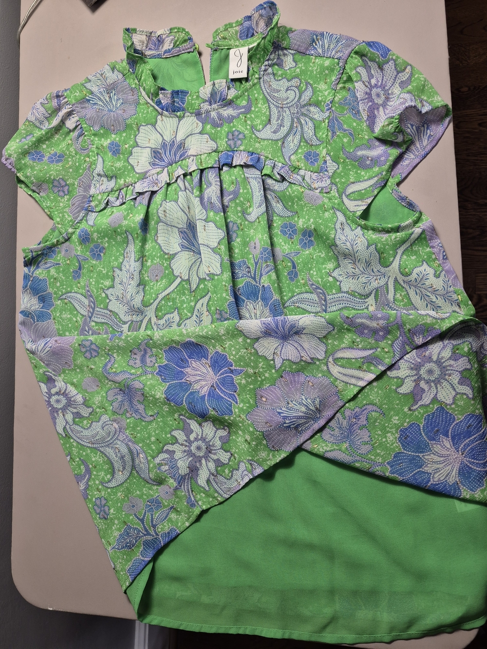 Joie Floral Blouse Green Blue Ruffle Short Sleeve Women’s Petite Small - Picture 2 of 5